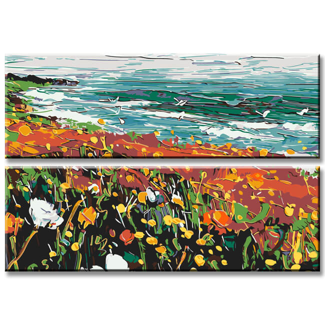 Painting by numbers panoramic flower meadow by the sea, 2 parts