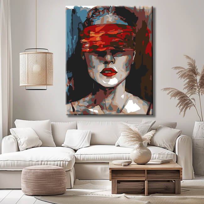 Painting by numbers woman with red blindfold