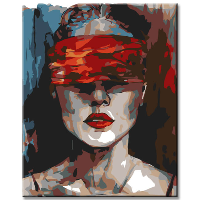Painting by numbers woman with red blindfold