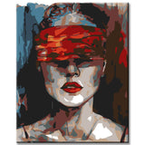 Painting by numbers woman with red blindfold