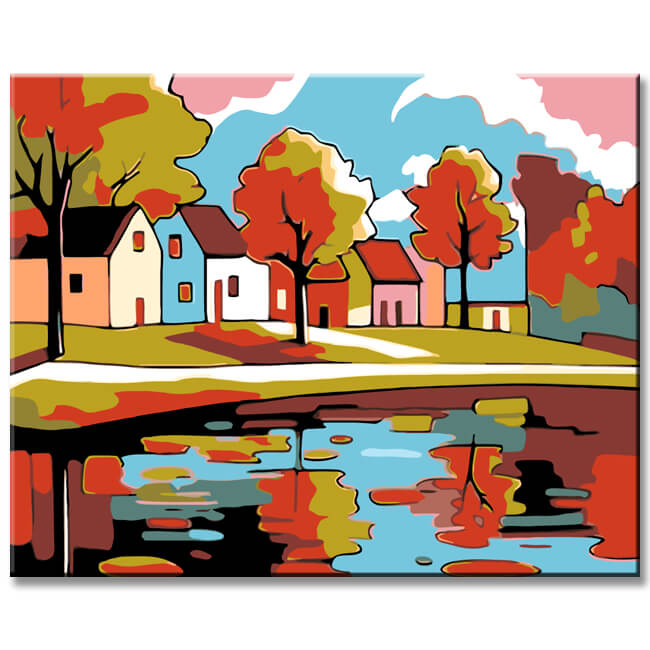 Paint by Numbers Art Illustration Autumn Trees Reflection in Water