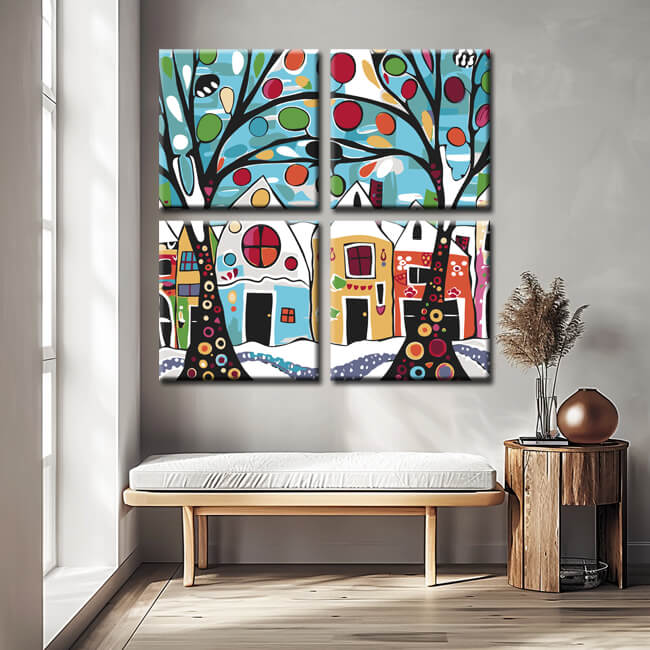 Painting By Numbers Art Trees in Front Of Colorful Houses 4-Panel