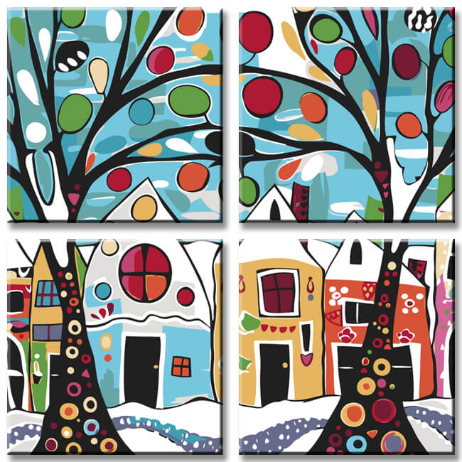 Painting By Numbers Art Trees in Front Of Colorful Houses 4-Panel