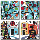 Painting By Numbers Art Trees in Front Of Colorful Houses 4-Panel