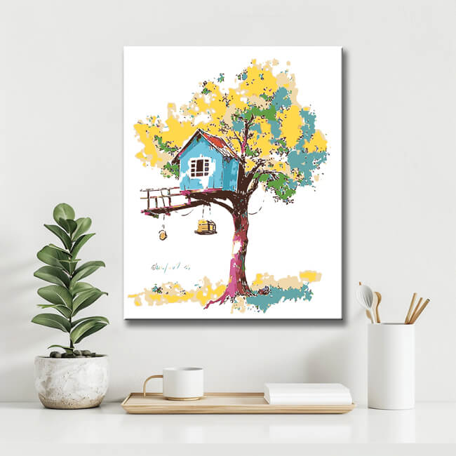 Painting by Numbers Art Illustration Blue Treehouse in Yellow Tree