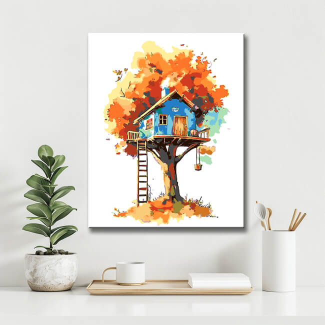 Painting by Numbers Art Illustration Blue Treehouse in Red Tree