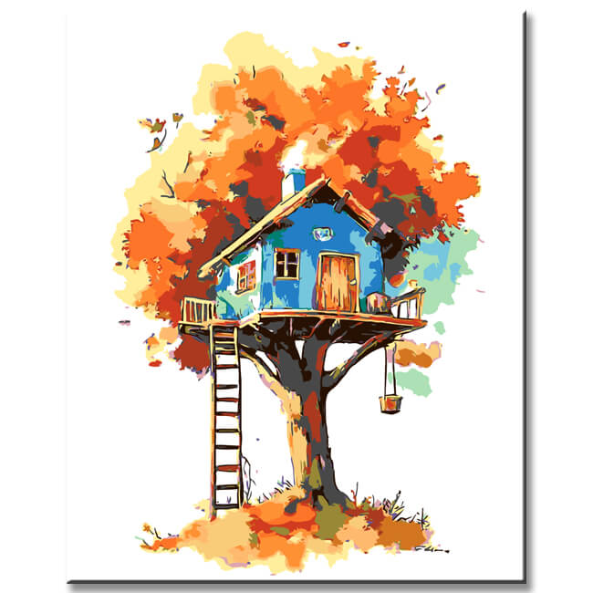 Painting by Numbers Art Illustration Blue Treehouse in Red Tree