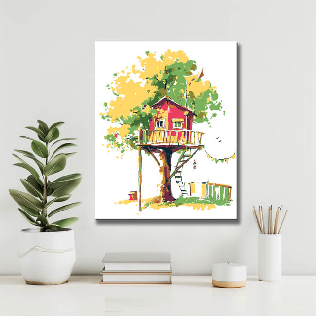 Paint by Numbers Art Illustration Red Tree House in Yellow Green Tree