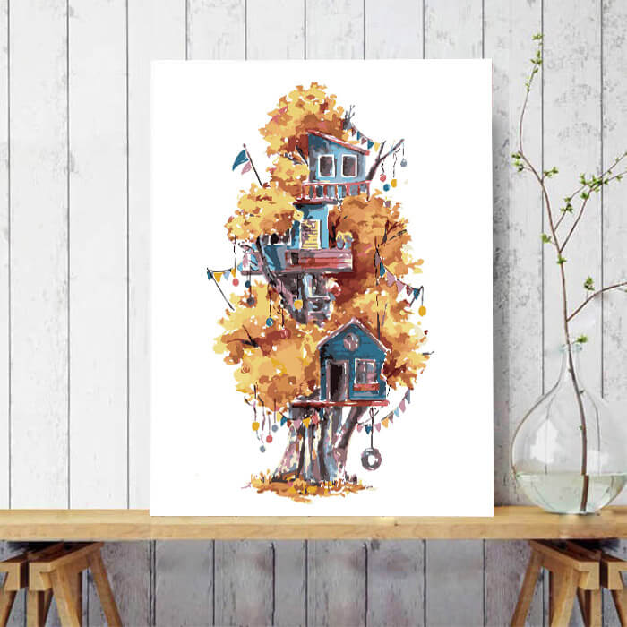 Paint By Numbers Art Illustration Of Several Tree Houses in The Yellow Tree