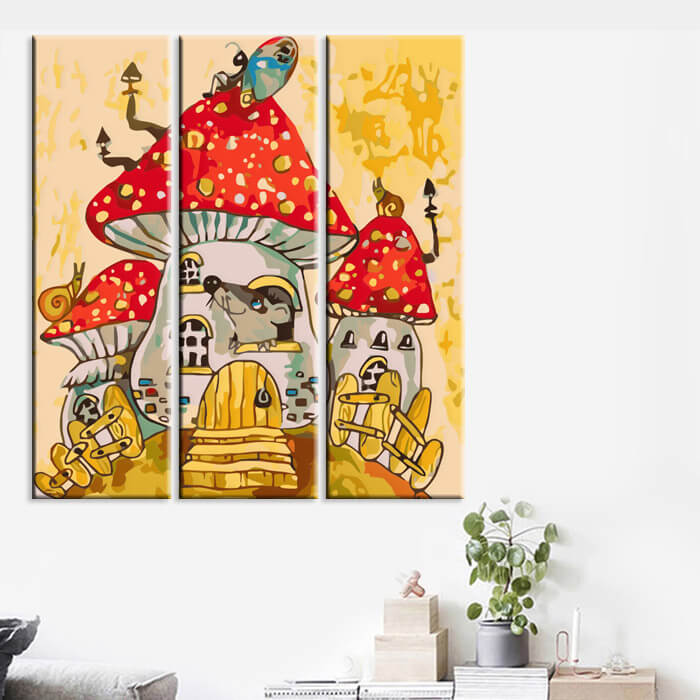 Painting by Numbers Art Illustration Fly Agaric House with Mouse, Butterfly and Snail 3-Panel