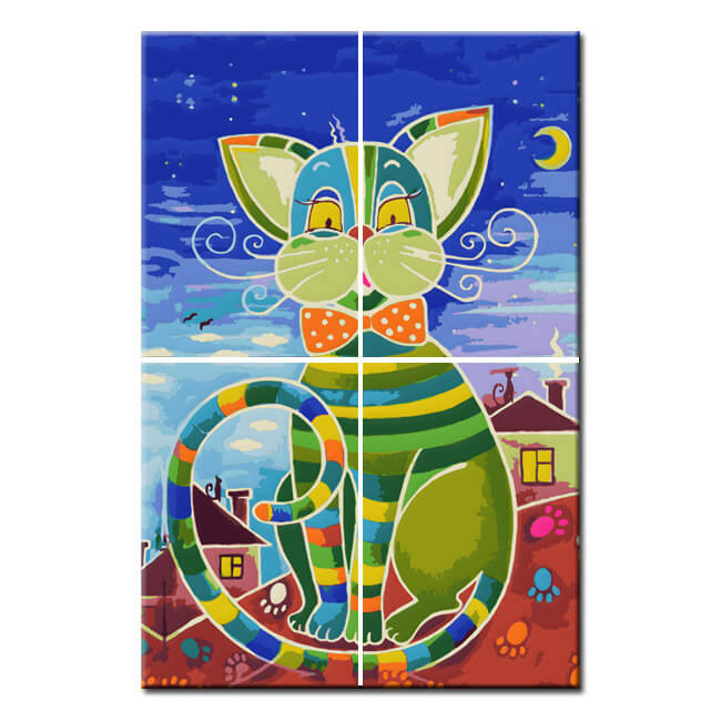 Painting by Numbers Art Illustration Colorful Big Cat 4 Panel
