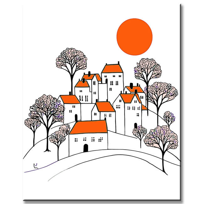 Paint by Numbers Art Illustration White Houses with Orange Roof and Black Trees