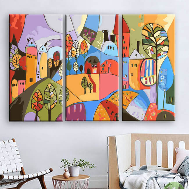 Painting by Numbers Folk Art Illustration City Country 3-Panel