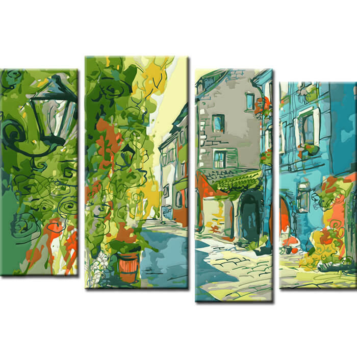 Painting By Numbers Art Illustration Old Town Alley 4-Panel