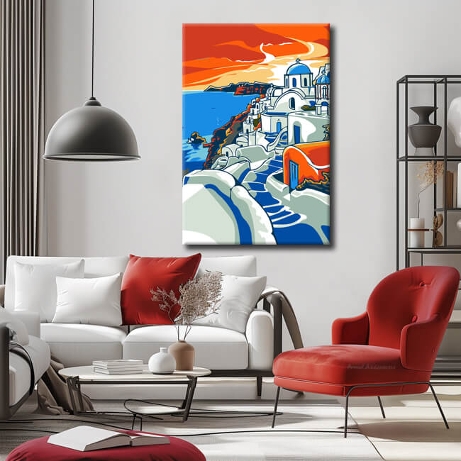 Painting by numbers art landscape sea of ​​Greece with white houses and blue roofs