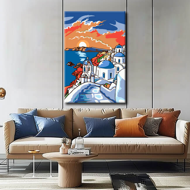 Painting by numbers art landscape sea of ​​Greece with white houses and blue roofs