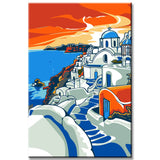 Painting by numbers art landscape sea of ​​Greece with white houses and blue roofs