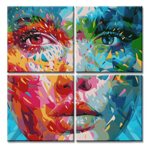 Painting By Numbers Art Lifestyle Woman Half Red Colored And Half Teal Colored Face 4 Pieces