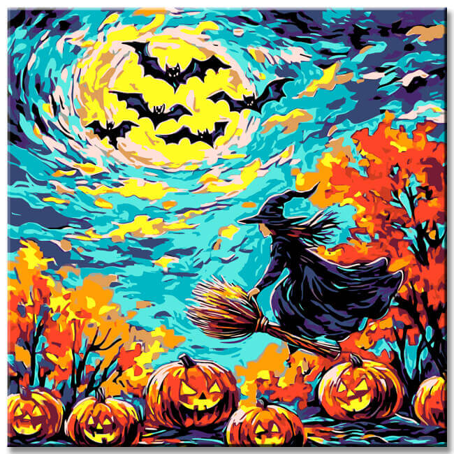 Painting by Numbers Art Nature Halloween Witch Flying on Broom