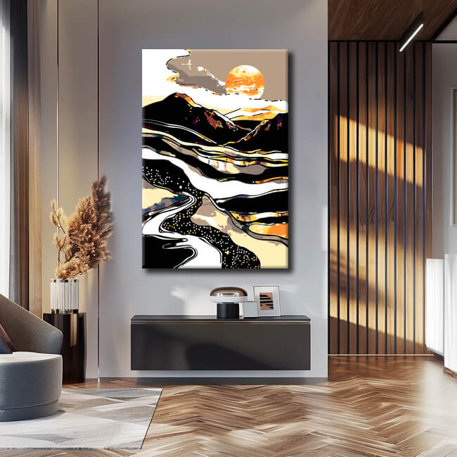 Painting by numbers art nature golden sun behind white mountain with silver-golden river