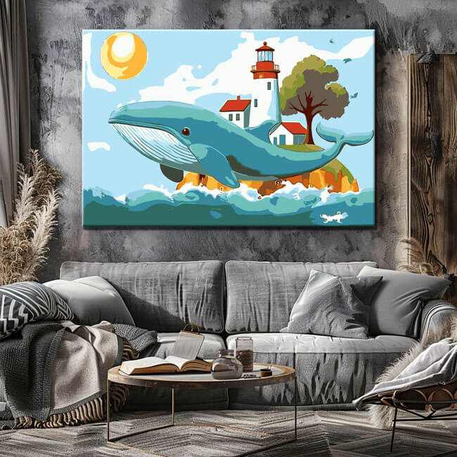 Paint by Numbers Art Animal Whale with Lighthouse House and Tree on its Back