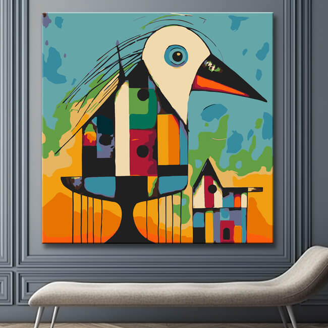 Bird on birdhouse in Picasso style - painting by numbers