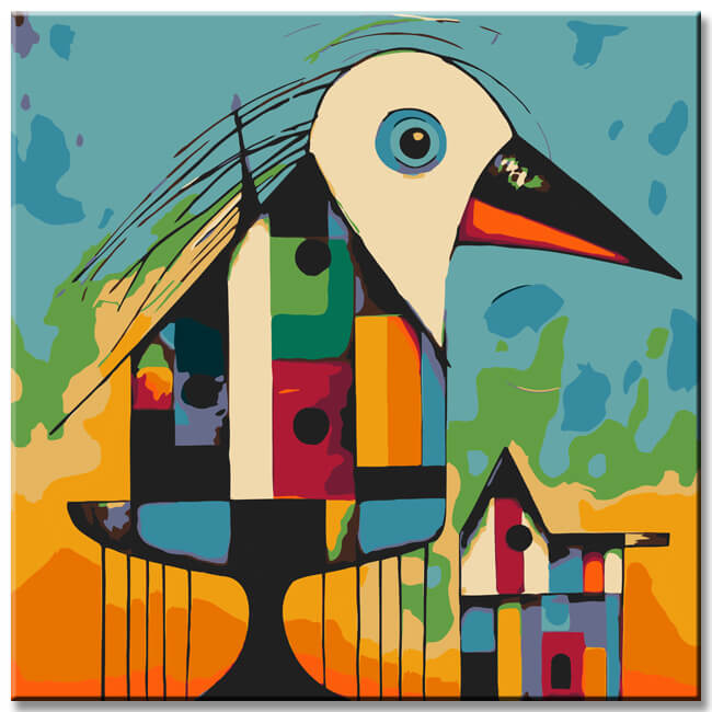 Bird on birdhouse in Picasso style - painting by numbers