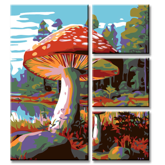 Painting by numbers mushrooms in the forest 4 parts