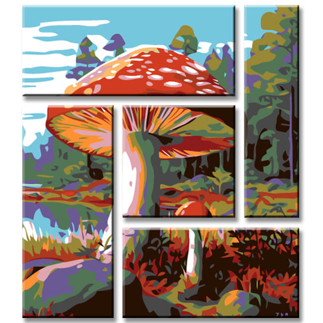 Painting by numbers mushrooms in the forest 5 parts