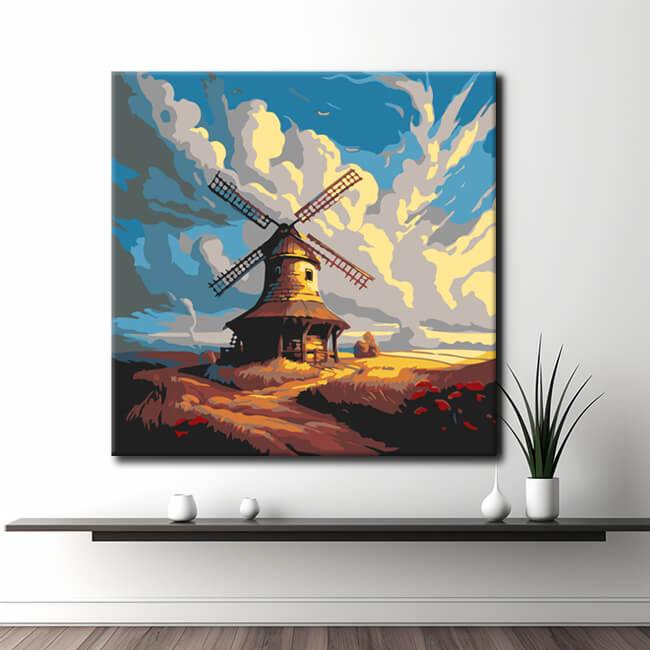 Painting by numbers windmill in landscape