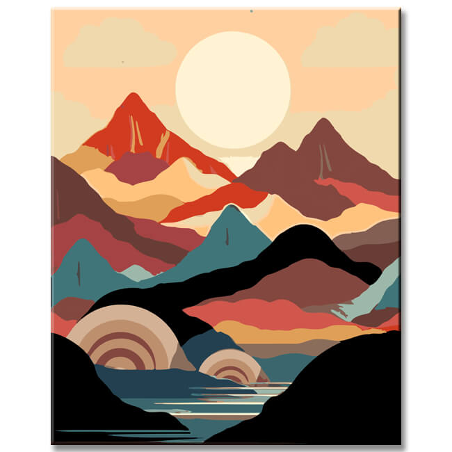 Painting by numbers - Minimalist landscape poster: mountains, sun, day and night, boho midcentury