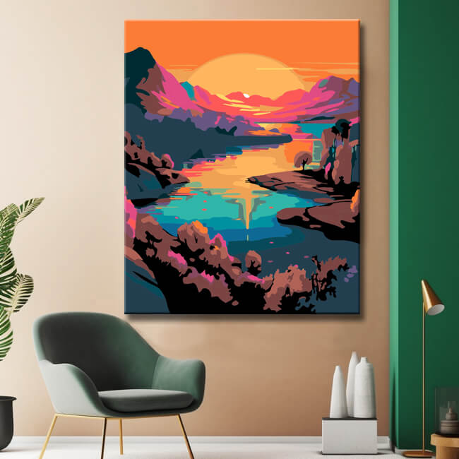 Colorful painting by numbers - sunset at the mountain lake - shipping from DE