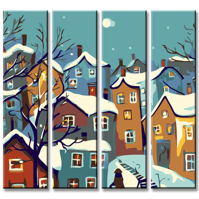 Painting by numbers colorful houses art in winter 4 parts