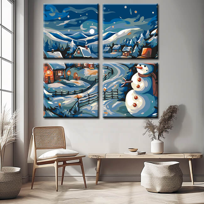 Painting By Numbers Snow Landscape Houses 4-Panel