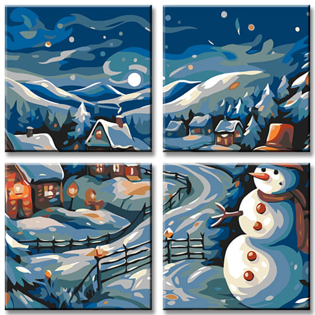 Painting By Numbers Snow Landscape Houses 4-Panel