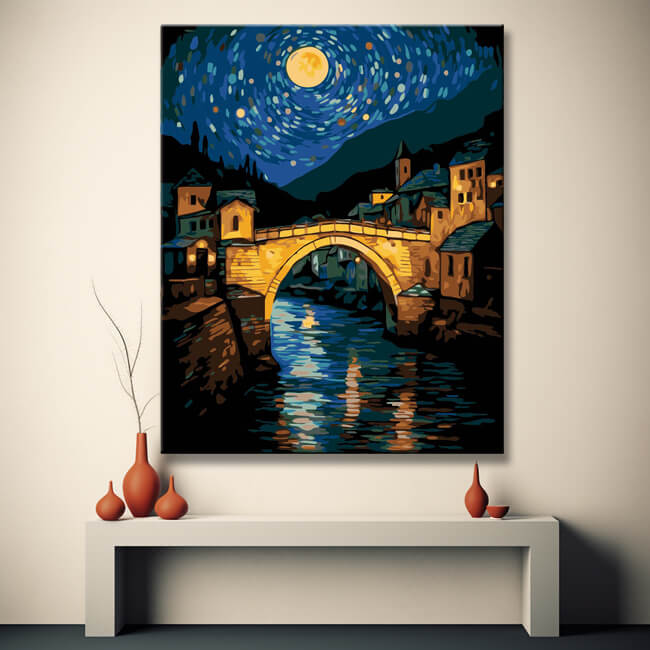 Atmospheric bridge in the moonlight - painting by numbers