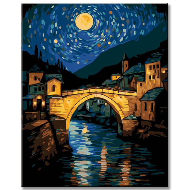 Atmospheric bridge in the moonlight - painting by numbers