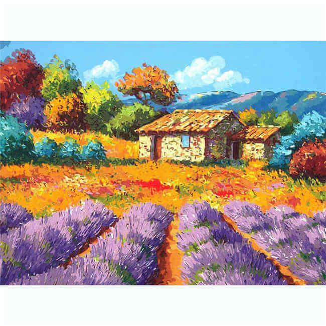 Painting By Numbers Flowers Lavender Field With House