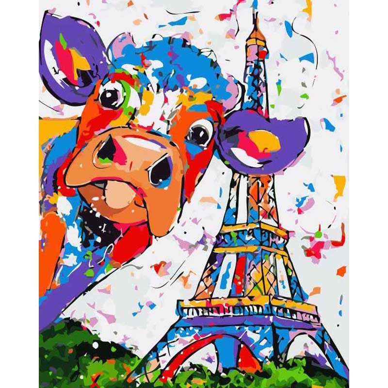 Painting By Numbers Cow in Paris Rainbow Colorful